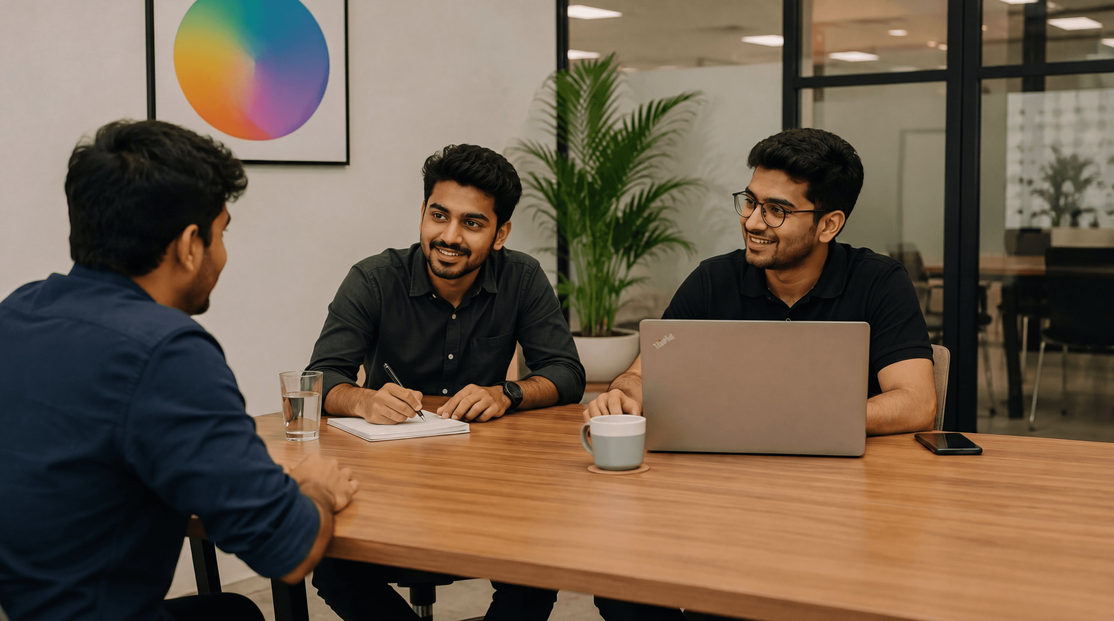 Three team members in a strategy discussion around a table with a laptop and notes.