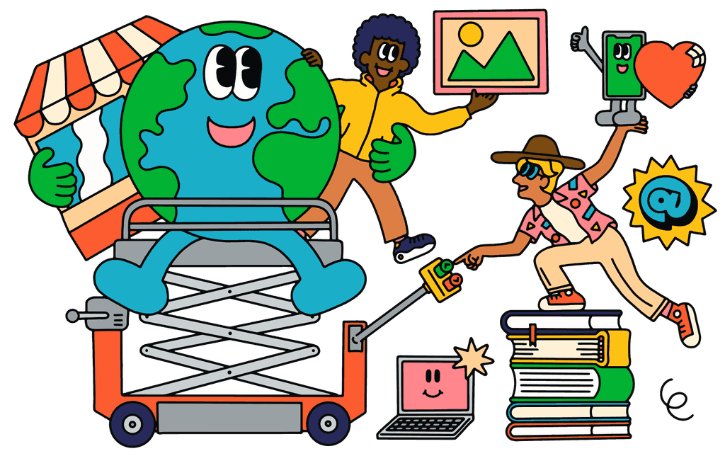 Illustration of a globe character on a lift holding a house and a person, powered by another balancing on a stack of books.